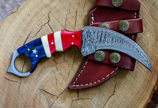 Custom Handmade Damascus Steel Hunting Knife with Sheath | 7.5'??EDC Fixed Blade Hunting Skinning Knives For Men and Women Demasticus Camping Survival Belt Knifes For Horizontal Carry with American Flag Handle