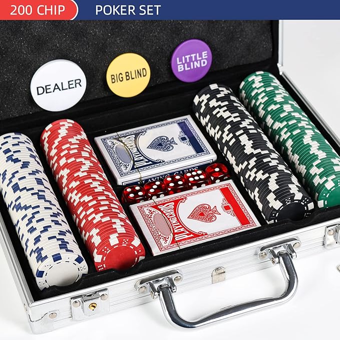 200Pcs Poker Chips Set for Texas Holdem,Blackjack, Tournaments with Aluminum Case,2 Decks of Cards, Dealer, Small Blind, Big Blind Buttons and 5 Dice,11.5 Gram
