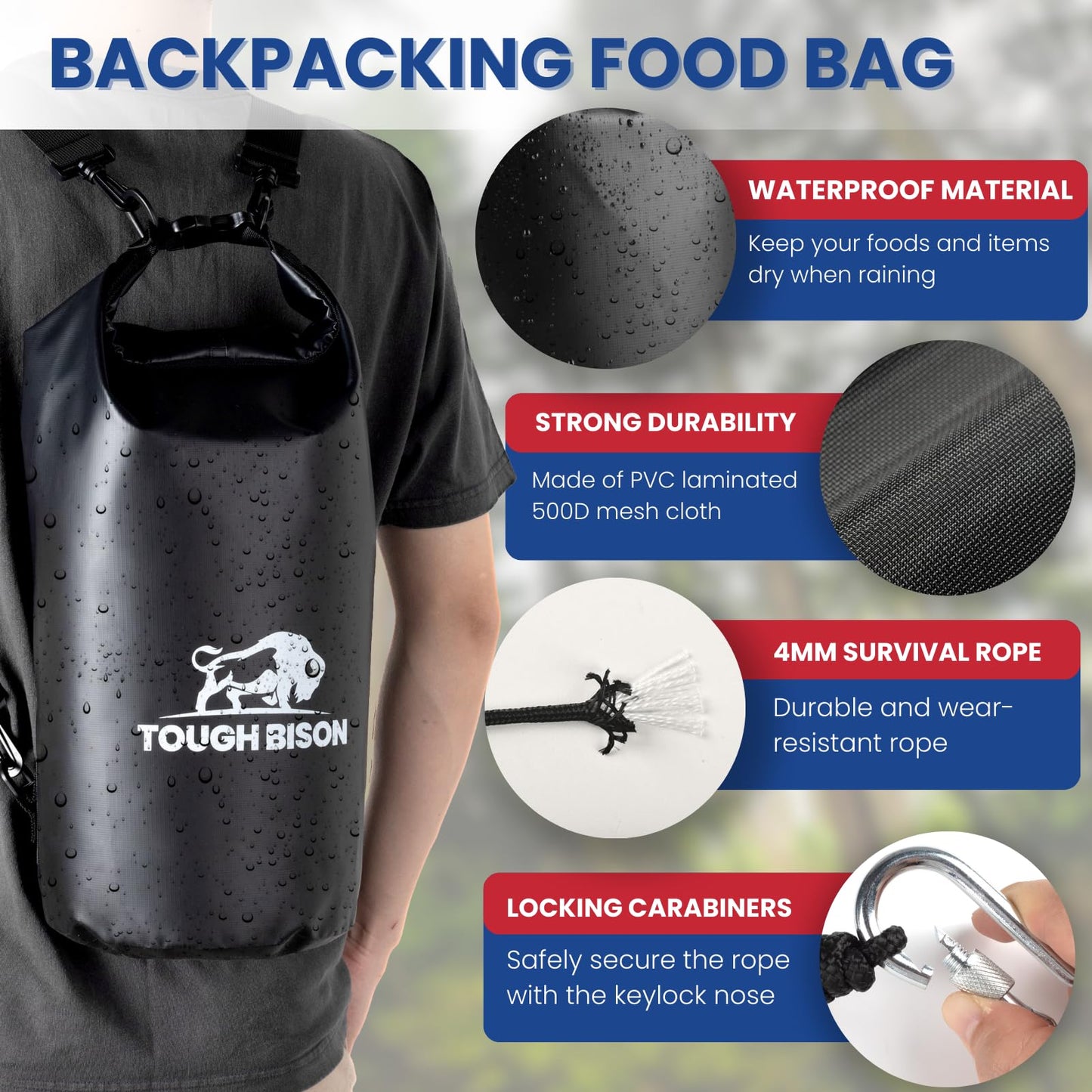 Tough Bison Bear Bag Hanging Kit - 10L Waterproof Bear Proof Food Storage Bag, 2 Straps, Rock Sack