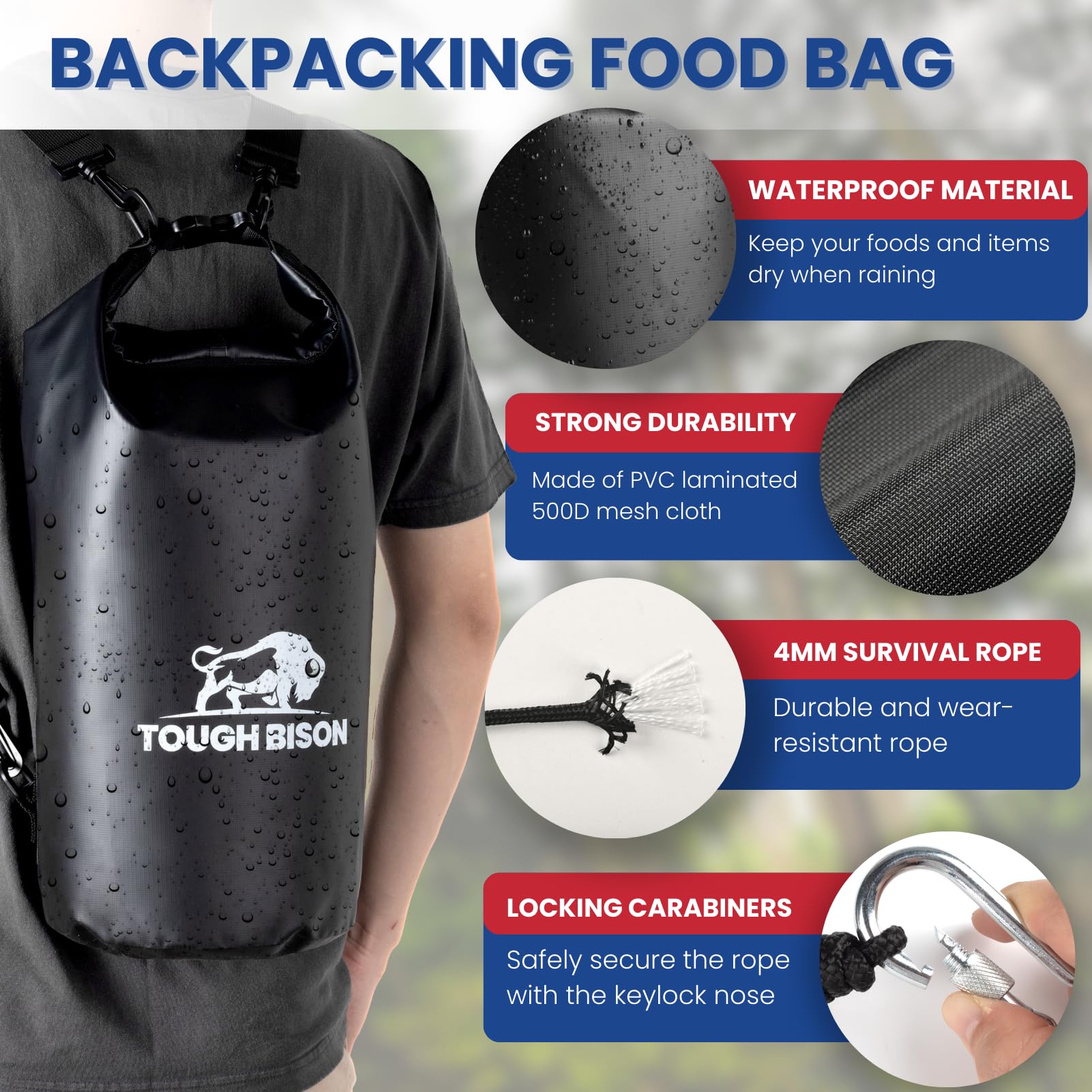 Tough Bison Bear Bag Hanging Kit - 10L Waterproof Bear Proof Food Storage Bag, 2 Straps, Rock Sack