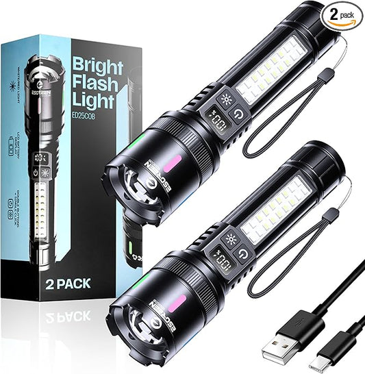 Esgreen LED Rechargeable Flashlights High Lumens 2 Pack, Single Click Bright Flashlight Long Lasting 12H, Compact Handheld Flash Light USB C, White & Red Light, for Hiking Camping Gift