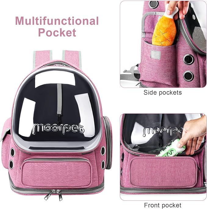 Cat Backpack Carrier, Breathable Cat Bubble Backpack Large Space Cat Carrier Backpack for Kitty Small Dog, Foldable Airline Approved Cat Backpack, Transparent Pet Travel Backpack Up to 20 lbs (Pink)