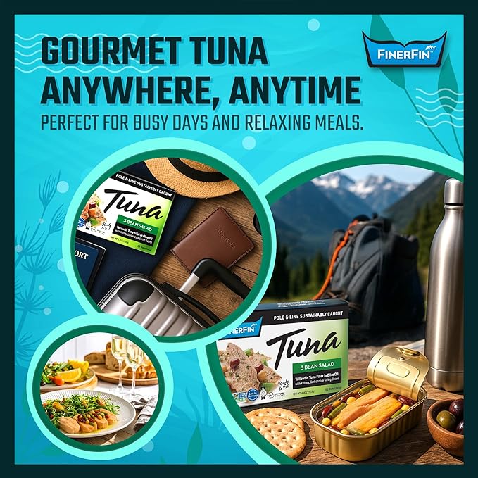 FinerFin Yellowfin Tuna In Organic Olive Oil ??3 Bean Salad Flavor (4.4oz can - 6 Pack); Premium Canned Fish with EVOO, Gourmet Ready-to-Eat Fillets, Wild-Caught