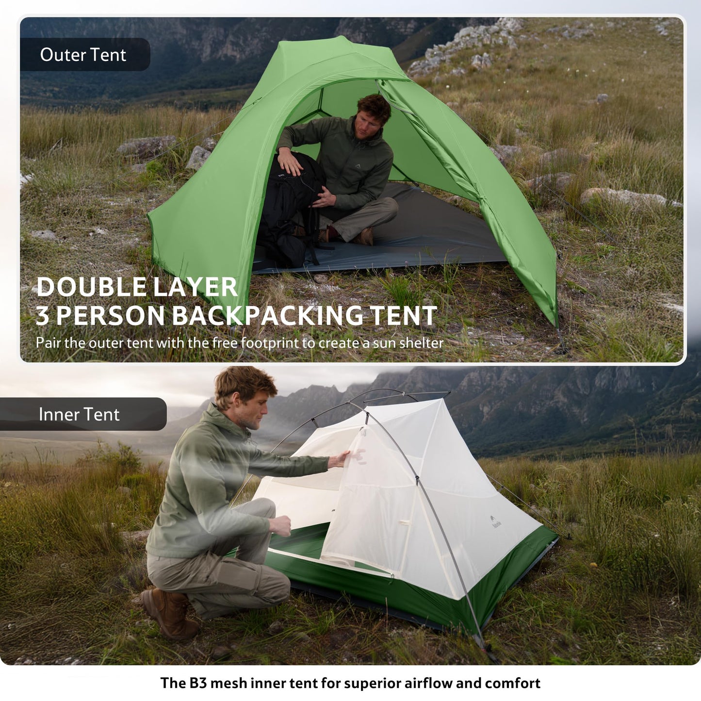 Naturehike Cloud Up 3 Person Backpacking Tent with Footprint - 3 Season Free Standing Lightweight 3