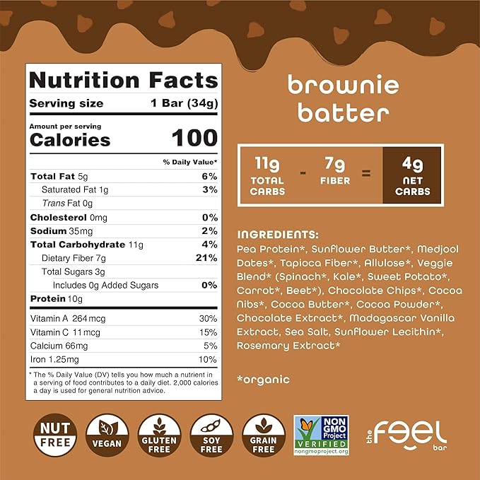 Feel Bar Minis ??Kids Protein Bars | Brownie Batter ??12 Pack | 10g Plant Protein | 100 Calories | No Added Sugar | + Daily Veggies | Gluten Free, No Nuts, No Soy, No Dairy, No Grains