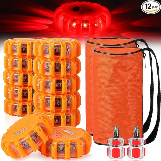Tallew 12 Pack LED Road Emergency Roadside Lights Flashing Safety Warning Kit Beacon Magnet Hook Vehicle Boat Truck Disc Magnetic Flash Cars Security Driveway Automotive Strobe
