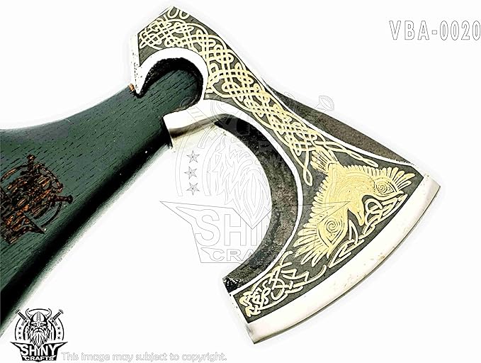 SHINY CRAFTS-Axes Handmade Viking Axe Hatchet Norse Axe-Carbon Steel Head and Golden Flying Eagle Design, Ash Wood Handle Viking Gifts for Men with Premium Quality Leather Sheath (SCA 20)