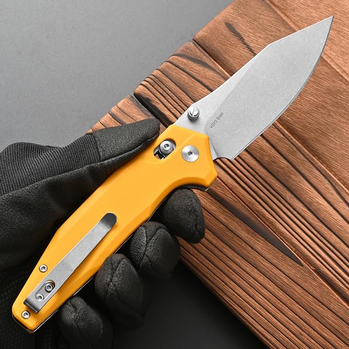 FF20 Folding Pocket Knife，VG10 Steel Blade G10 Handle EDC Tool Knife for Outdoor Camping Hunting Fishing Working(Yellow)