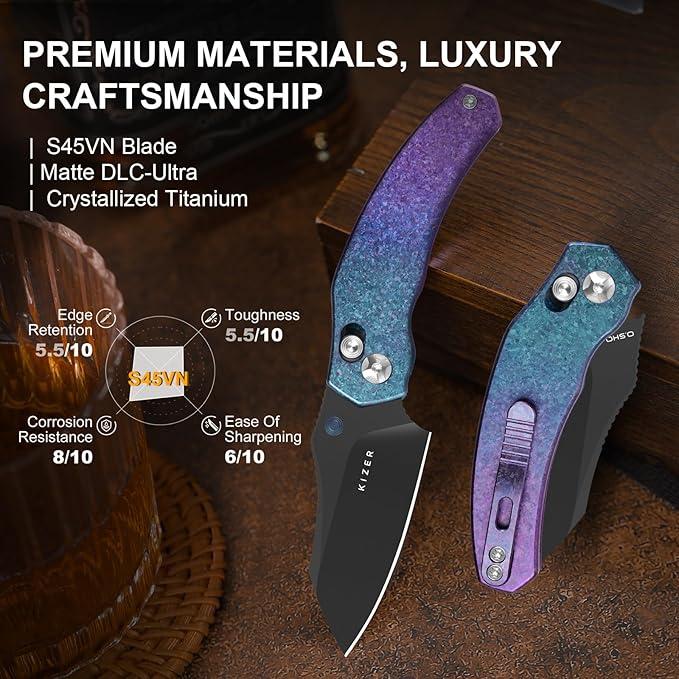Kizer Mini Bulldog Pocket Knife, 2.5??S45VN Sheepsfoot Blade Folding Knife with DCL Coating, Titanium Handle Clutch Lock Small EDC Knife for Men Women Gift, Camping Hunting Knives Ki3672SA1