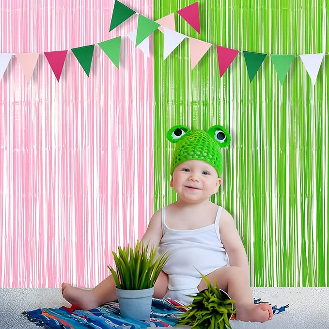 BRAVESHINE Party Streamers Backdrop - 2 Pack 3.2ft X 8.2ft Tinsel Foil Fringe Curtains for Halloween/Boo/Fairy/Girl Birthdays/Wizard/Baby Shower/Photos Booths/Pink and Green Party Decorations