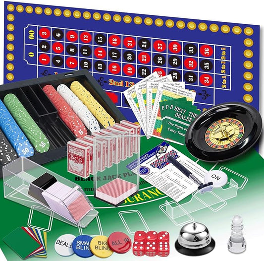 5 in 1 Super Casino Game Set: Blackjack/Roulette/Craps/Texas Hold'em/Poker Kit with Shoe+Discard Tray+360 Chip+8 Deck Card+Roulette Wheel+2 Felt+Stratedgy Card+Chip Rake, Casino Poker Set