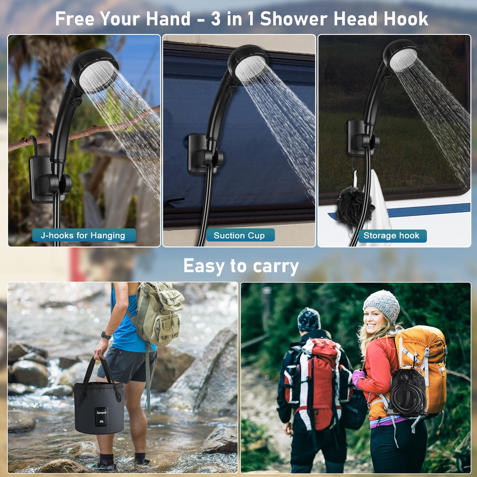 Spopal Rechargeable Camping Shower with Collapsible Bucket Handle 20L