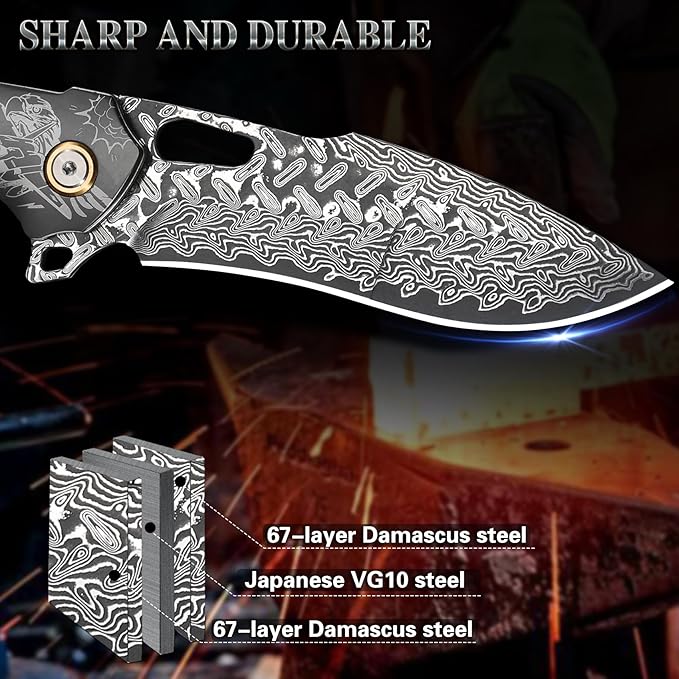 Damascus Steel Folding Pocket Knifeï¼?.6in Men's EDC knife，With leather sheath，pocket clip，Liner Lock，Fighter Pattern，Tree Tumor Shadow Wood Handle，For outdoor hunting Fishing camping knife