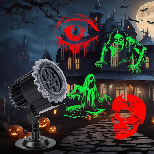Brighter Halloween Decorations Projector Lights Outdoor, Display 4 Dynamic HD Patterns at a Time(Skulls, Zombies, Ghost, Eyes), Holiday Projector Light for Yard, Patio, Garden, Party Decor