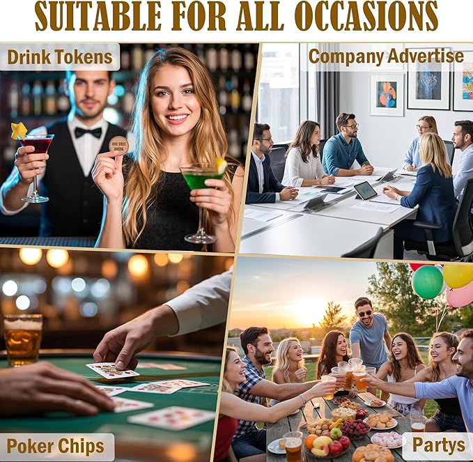 30-1000pcs 40mm Custom Wooden Drink Tokens,Double-Sided Laser Engraved with Logo,Text or Images,Personalized Round Wood Chips for Bars,Weddings,Parties,Corporate Events Promotions