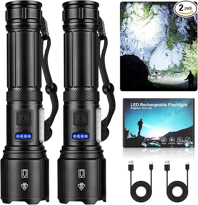 Rechargeable LED Flashlights High Lumens, 99,000 Lumens Super Bright Flashlight 7 Modes w/COB Work Light, Powerful Flash Light for Outdoor Emergency Hiking Camping