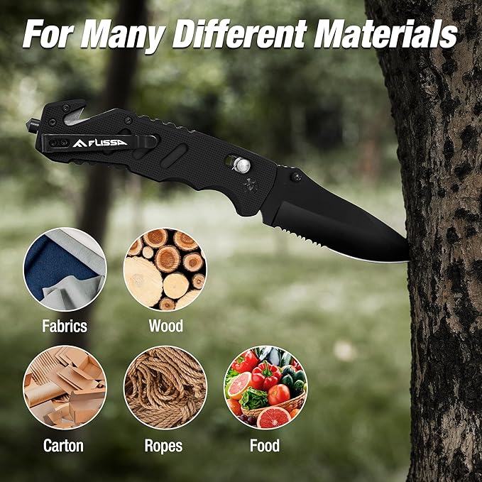 FLISSA Folding Pocket Knife with Clip, Glass Breaker and Seatbelt Cutter, Survival Knife for Emergency Rescue Situations, EDC Knife for Tactical, Hunting, Camping, Outdoor, Unique Gifts for Dad, Father-Black