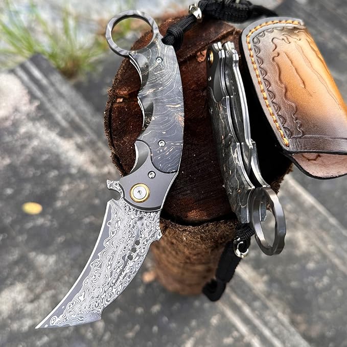 Handmade Damascus steel Folding Pocket EDCKnife，with cowhide sheath And pocket clipï¼?.8in blade Claw Hawkbill Folding Knife，Lining lock, wooden handle，Outdoor survival first-aid camping knife