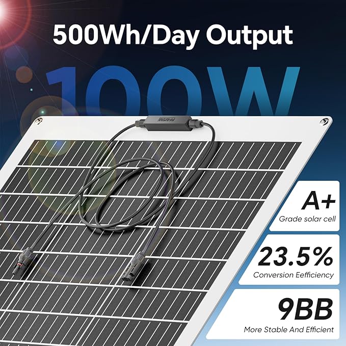 100W Flexible Solar Panel, 12V Monocrystalline Lightweight High Efficiency Bendable Mountable for RV Roofs Boats Camper Caravan Cabin Trailer Battery Charge Off- Grid System Uneven Surfaces