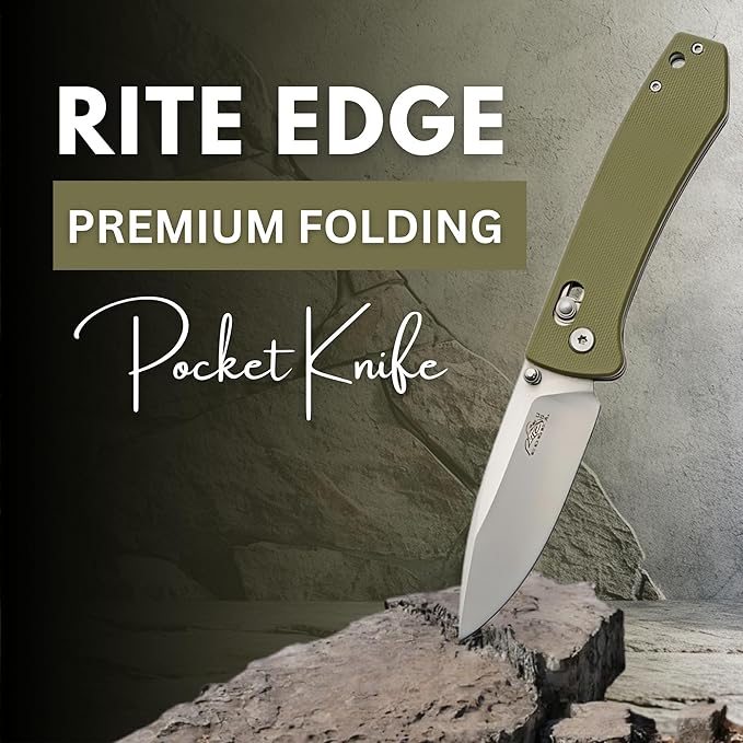 Rite Edge Premium Folding Pocket Knife - 4.25" Stainless Steel Blade, G10 Handle, Belt Clip, Camping Folder, Outdoor Utility, Father's Day Gift - Green