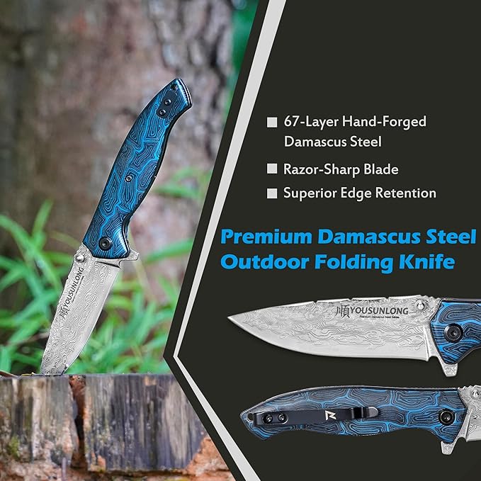 YOUSUNLONG Folding Knife - Hammered Damascus Steel Blade - Blue Damascus texture G10 Cover