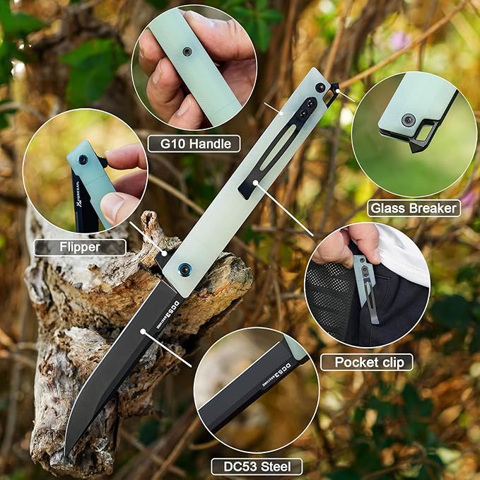 Flipper Pocket Folding Knife,DC53 Steel Blade and G10 Handle. With pocket clip and glass breaker,men's pocket knife hiking trip EDC tool Knife (Natural G10 Handle-D)