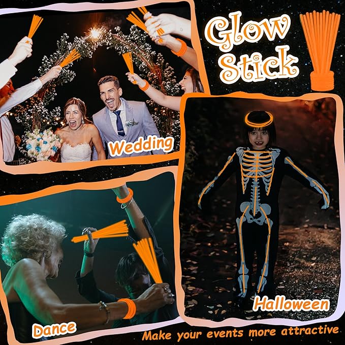 ILHSTY 100 Pcs 8'' Orange Glow Sticks Glow In The Dark Party Favors Supplies Bright GlowSticks Necklaces Bulk for Christmas Halloween 4th of July Easter Carnival Birthday Neon Party (Orange*100)