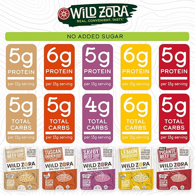 Wild Zora Instant Keto-Friendly Soups 5-Pack Variety, Broth Made with Grass-Fed Beef, Free-Range Chicken, and Vegetables, Gluten-Free, Low Carb, No Added Sugar, Flavorful Pantry Staples - 0.5oz/13g