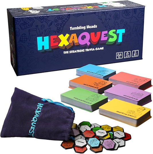 Hexaquest: The Strategic Trivia Board Game ??1500 Questions, 6 Categories, 65 Hexagon Tiles, Premium Bag ??Fun, Quick to Learn, Perfect for Game Nights, Families & Parties