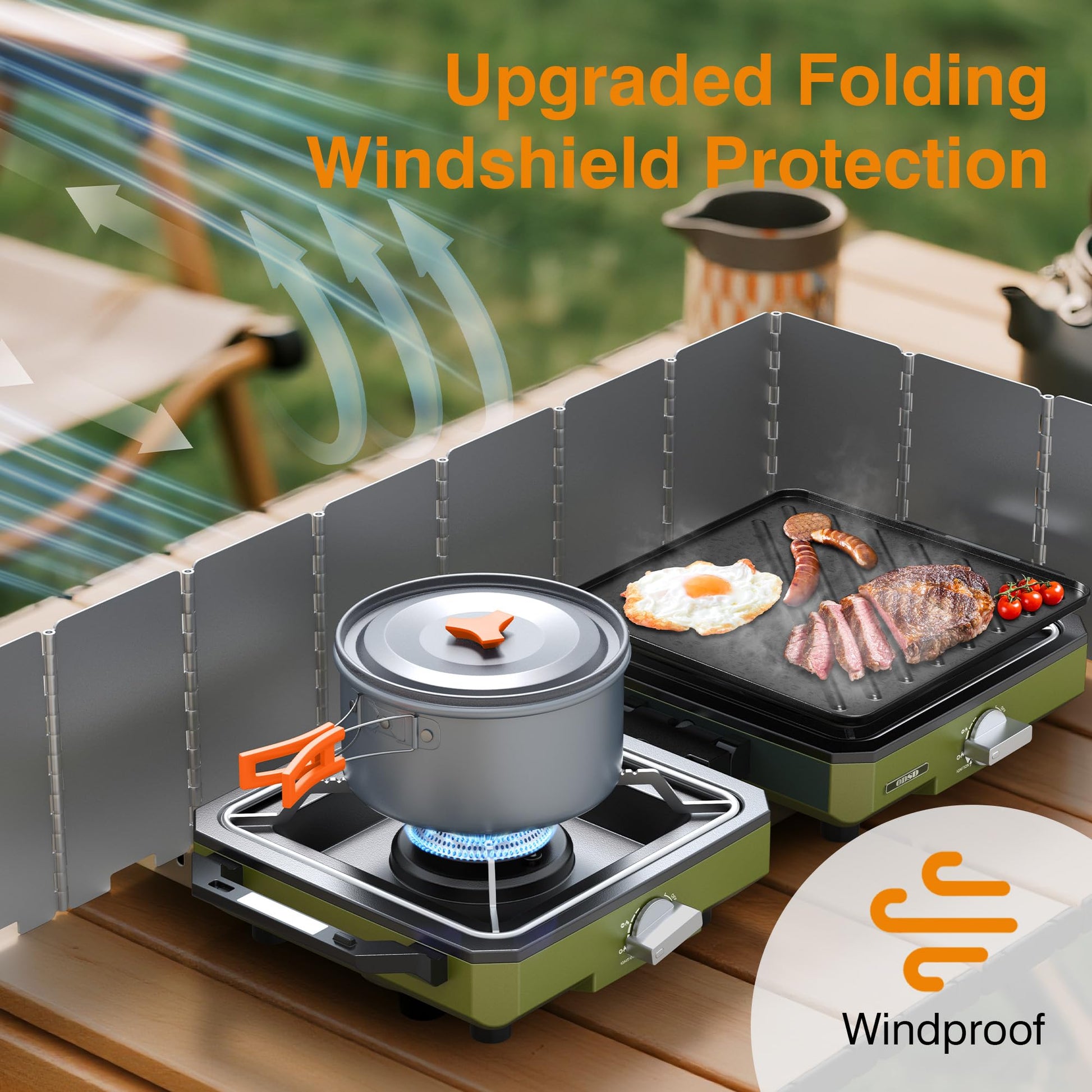 ODSD 2 Burner Camping Stove with Windshield, 20000 BTU Propane Camp Stove, Portable Folding Gas