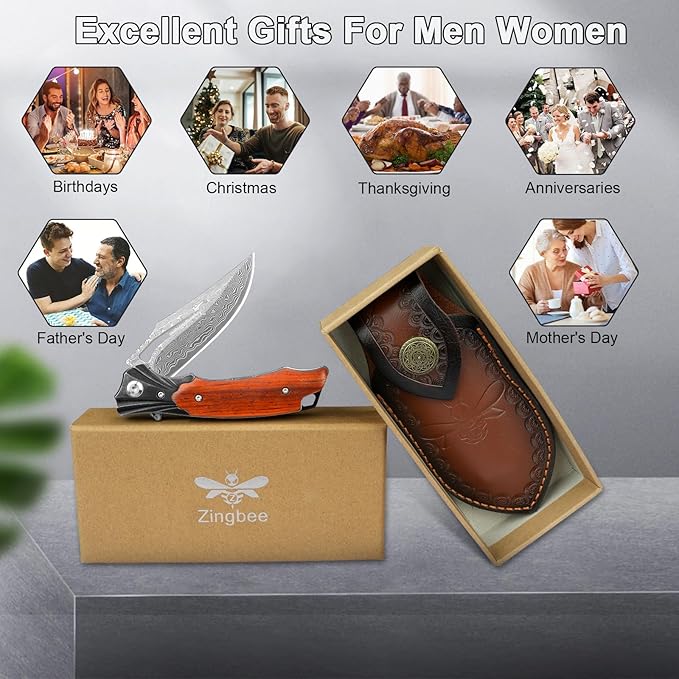 Damascus Pocket Knife for Men Women, Wood Handle Folding Knife with Sheath, 3.15" Damascus Steel Blade Pocket Knives for Outdoor