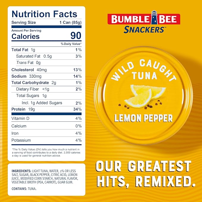 Bumble Bee Snackers - Lemon Pepper Tuna, 3 oz Easy Open Can - 19g Protein per Serving - Wild Caught Skipjack Chunk Light Tuna Pack - No Draining, Ready to Eat
