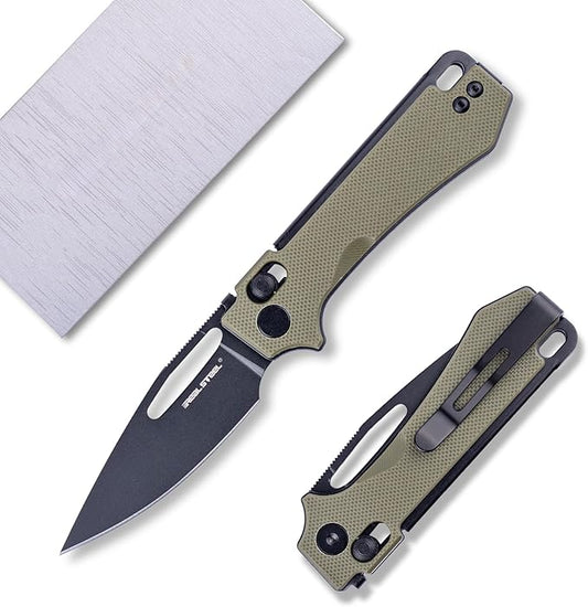 REALSTEEL VIS Pocket Knife, Folding Knife, Crossbar Lock, 2.72" Small 12C27 Steel PVD Black Blade, Thumb Hole, G10 Handle, 1.94oz, Pocket Clip, Versatile Outdoor Indoor EDC Knife, Gifts for Men Women Camping Hiking Fishing Climbing (Green G10/Black)