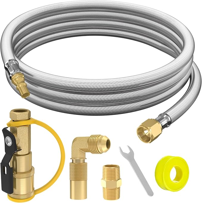12FT RV Quick Connect Propane Hose with 1/4" Safety Shutoff Valve, Stainless Steel & Brass, Silver, Grill Connectors, 12 Feet, Blackstone 17"-22" Griddle Compatible