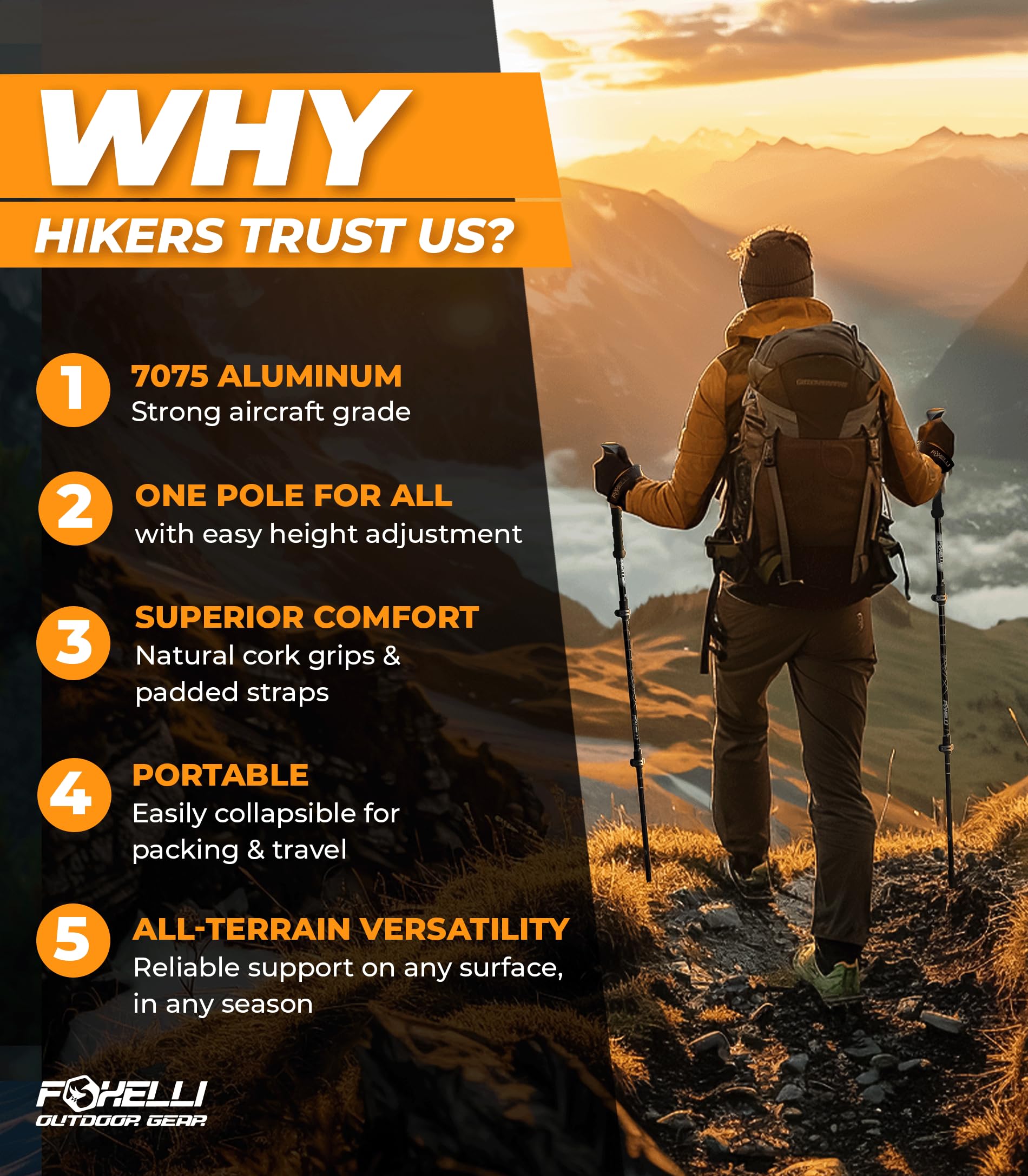 Foxelli Trekking Poles – Lightweight Collapsible Aircraft Grade Aluminum Hiking Poles with Cork