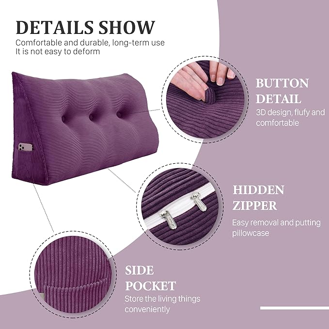 13 lbs Thickened Wedge Pillow Headboard Body Positioner Triangular Reading Pillow Bed Bolster Pillow for Sitting in Bedwith Removable Cover Backrest Purple California King