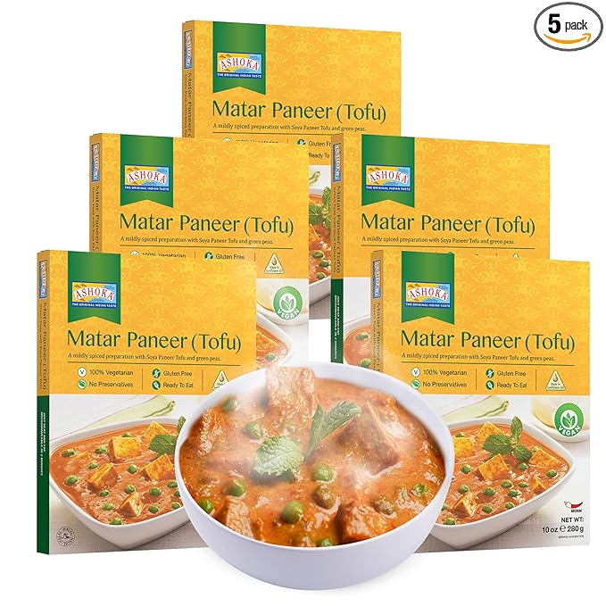 Ashoka Heat & Eat Meals 1932, Plant-Based Tofu & Green Peas Curry, Gluten-Free On the Go Meals, Kosher Certified, All-Natural Matar Paneer, Microwave Friendly with No Preservatives, Pack of 5
