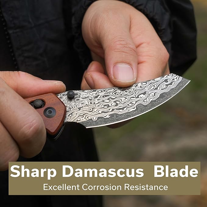 CIVIVI Sixgill Folding Pocket Knife for EDC, 3.41'' Damascus Blade Guibourtia Wood Handle, Deep Carry Reversible Clip, Gift for Men Women C24050-DS1