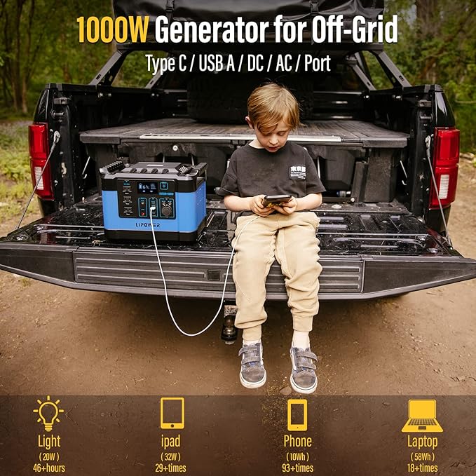 Lipower Power Station 1000W, 1120Wh LiFePO4 Battery Solar Generator for Camping, AC Outlets*3, PD 60W, Portable Power Station for Home Use, CPAP, Emergency-Blue