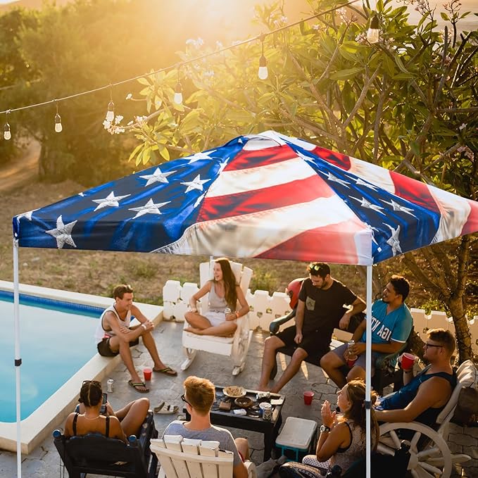 EAGLE PEAK Pop Up Canopy Tent with Wheeled Carry Bag, 8 Stakes, 4 Ropes, 4 Weight Bags, Easy Set Up Tent Canopy, 10x10 ft, 100sqft of Shade, Stars and Stripes