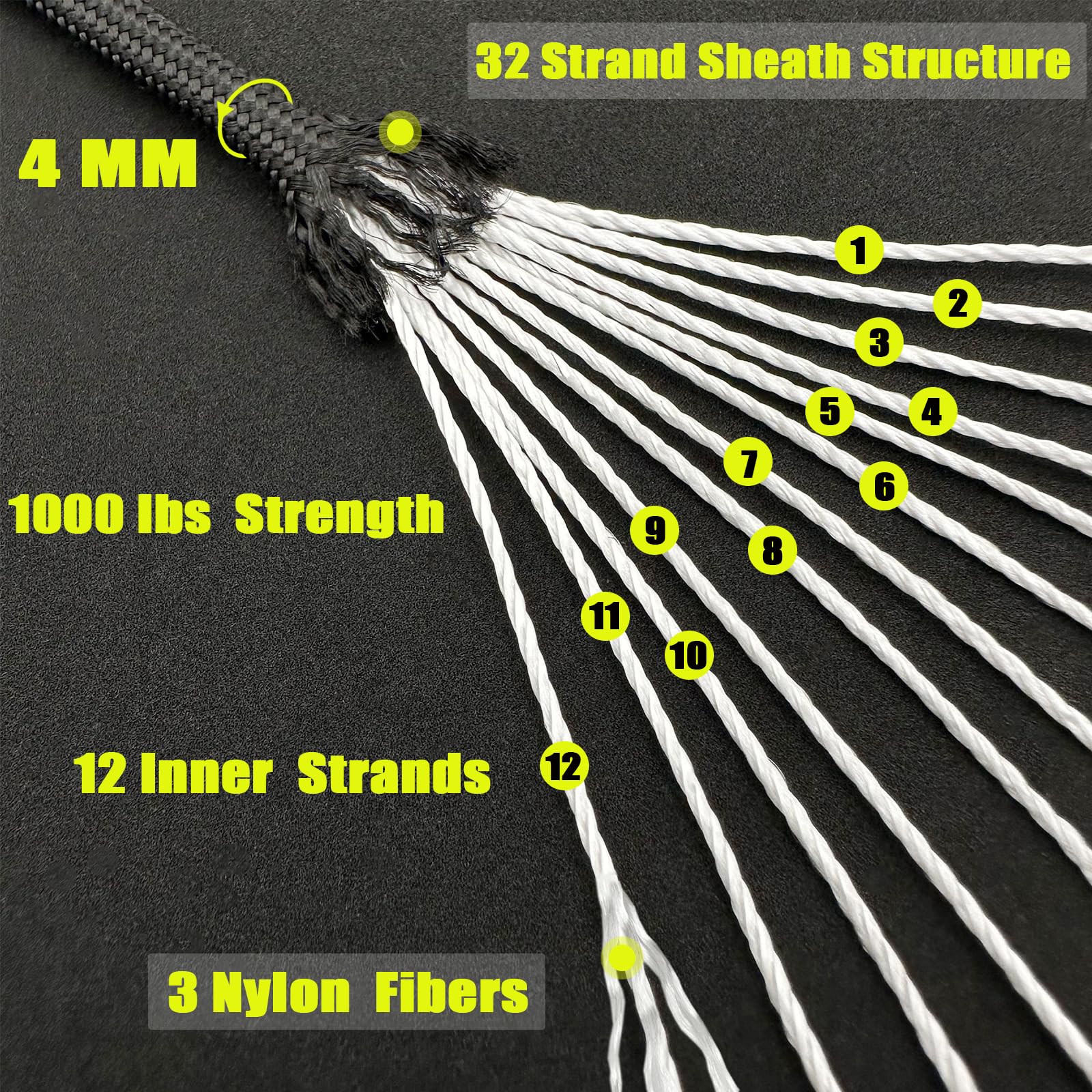 VVAAGG 1000 Black Paracord Rope 100FT Utility Nylon Heavy Duty 12 Strand Parachute Cord for