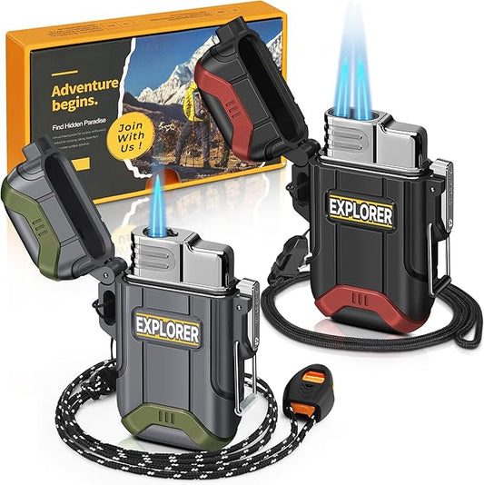 Lafagiet 2 Pack of Outdoor Torch Lighter, Windproof Single & Dual Jet Flame, Waterproof Storm Lighters Multipack for Camping, Fishing, Emergency (NO Gas)