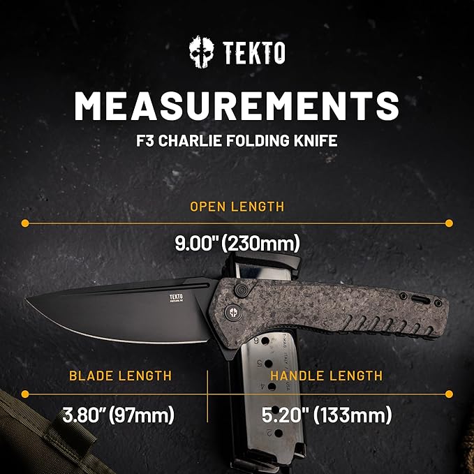 F3 Charlie Button Lock Folding Knife, Oversized Fine Edge Blade, Tactical Forged Carbon G10 Handle - Easy Open Pocket Knife with Titanium Coated D2 Steel & Black Titanium Barrel Spacers