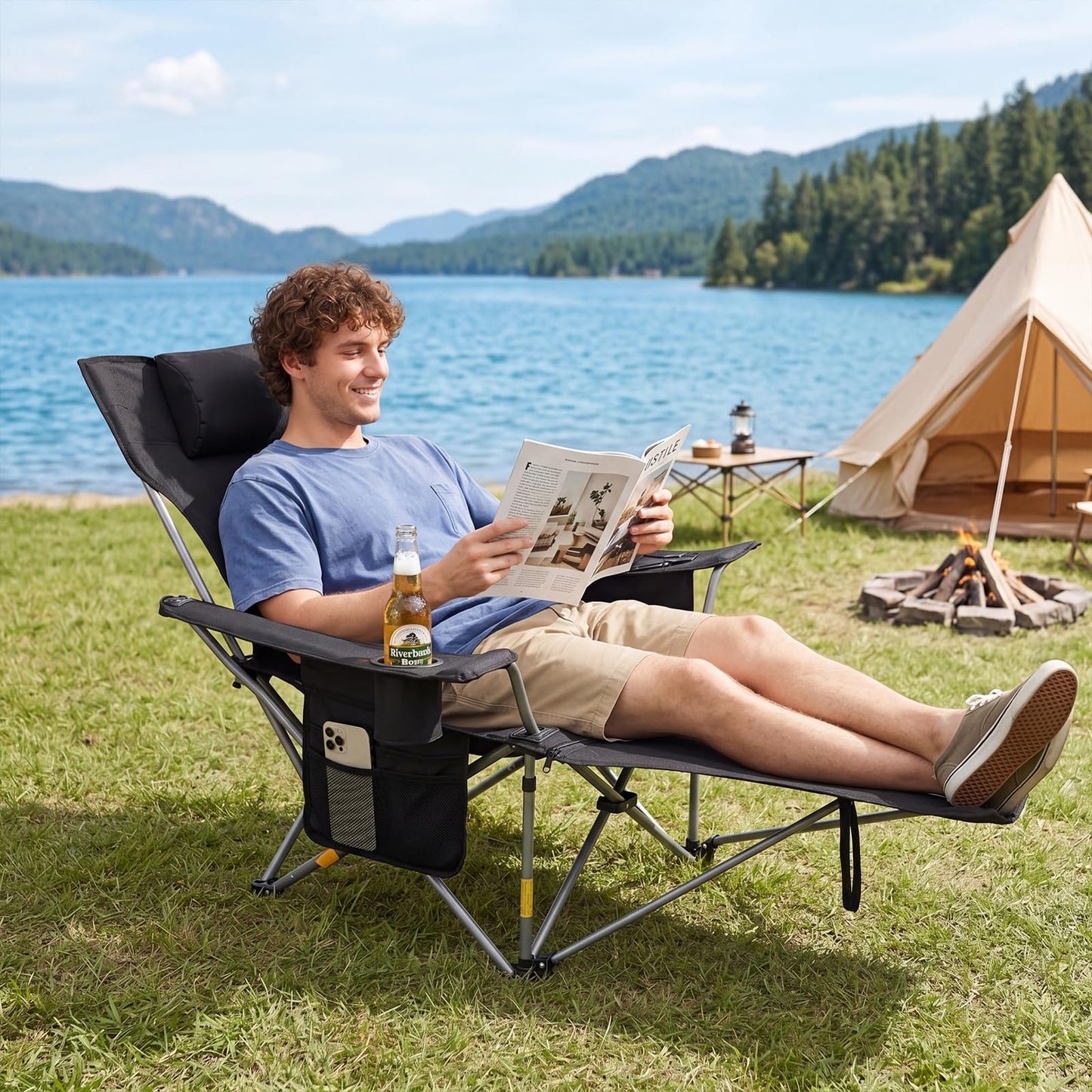 Romswi 2Pack 4-Position Reclining Camping Chair with Removable Footrest, 2-in-1 Adjustable Portable
