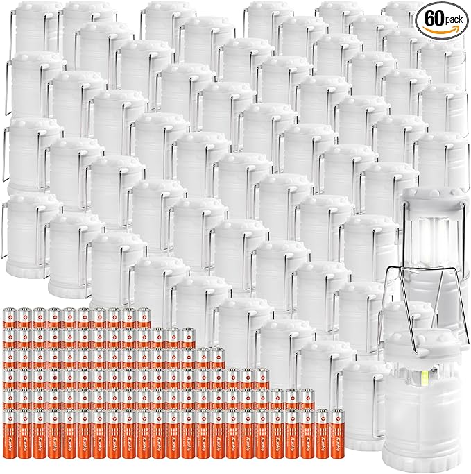 KUNHE LED 60 Pack Glow-in-The-Dark Camping Lanterns Battery Powered (Includes 180 AA Alkaline Batteries) 350 Lumens IPX4 Water Resistant Lanterns for Power Outages Emergency Hurricane Storms
