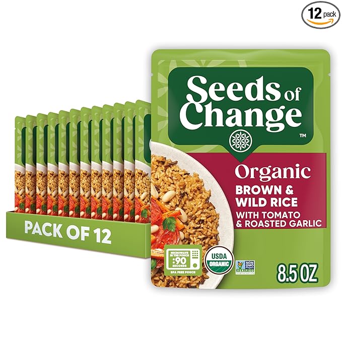 SEEDS OF CHANGE Certified Organic Brown and Wild Rice with Tomato & Roasted Garlic, Organic Food, 8.5 oz Pouch (Pack of 12)