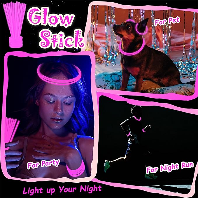 100 pk 8" Pink Glow Sticks Bulk Party Favors, Light up Glow Necklaces & Bracelets in the Dark Party Supplies For Christmas Valentine Halloween Birthday Neon Party (100 * Pink)
