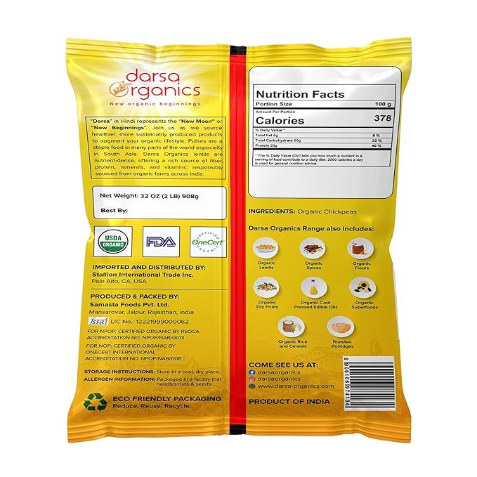 Darsa Organics Chickpeas (Garbanzo Beans) 2 lb | Kabuli Chana Dal | USDA Organic, Non-GMO, Kosher | Protein & Fiber Rich | Great for Hummus, Curries, Stews & Salads