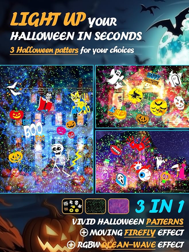 3-in-1 Halloween Projector Lights Outdoor, Anysun Brighter 80 HD Patterns Halloween Decor, 8-Pattern Ocean Wave Snowflake Starry Lights Show Christmas Projector Waterproof with Timer for House Party