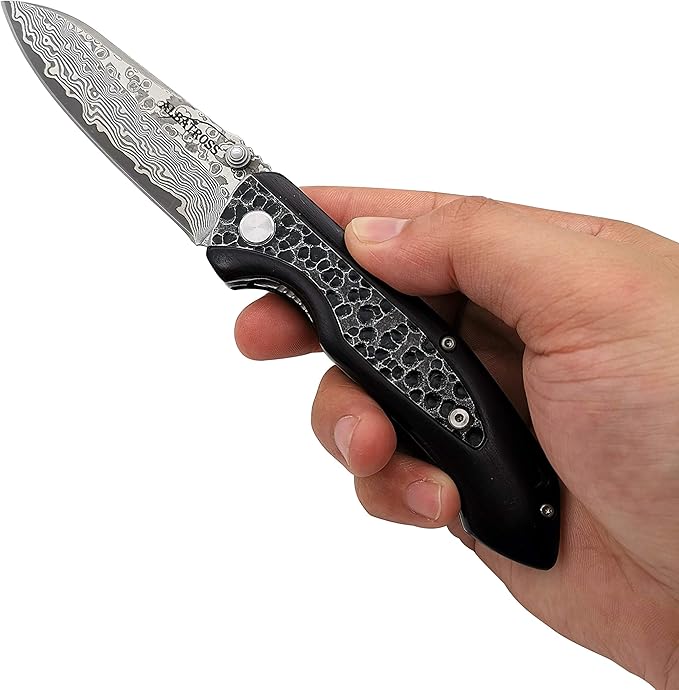 ALBATROSS Premium EDC Pocket Folding Knife with 3.5" Damascus Steel Blade & Ebony Wood Handle, Camping Hunting Knife with Clip, Gift for Men - HGDK011